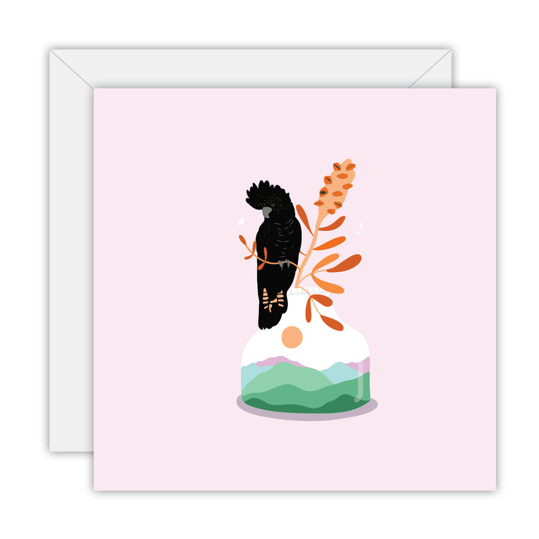 Greeting Card: Floral with Red Tailed Black Cockatoo